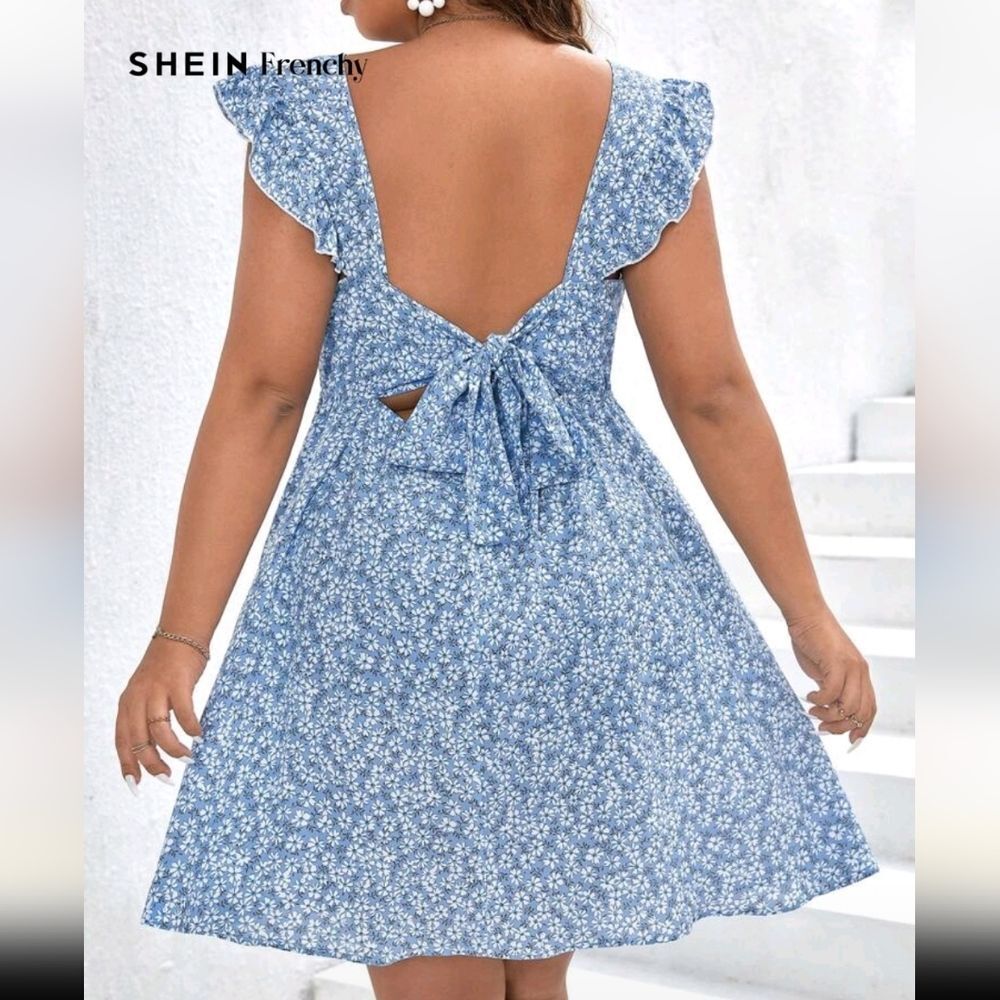 SHEIN Tie Back Blue Floral Mini Dress with Ruffles
